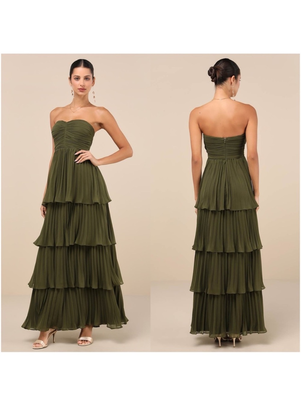 Lulus Strapless Tiered Olive Green Maxi Dress
